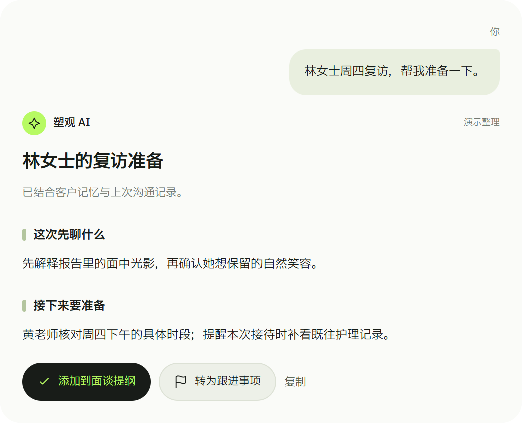 塑观AI依据林女士的客户记忆和沟通记录整理复访准备，可添加到面谈提纲或转为跟进事项。