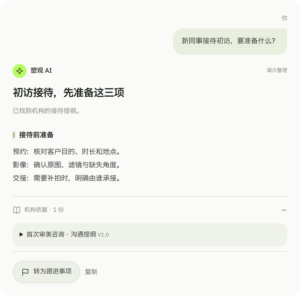 新同事询问初访准备，塑观AI回答预约、影像、交接三项工作，并附沟通提纲V1.0来源。